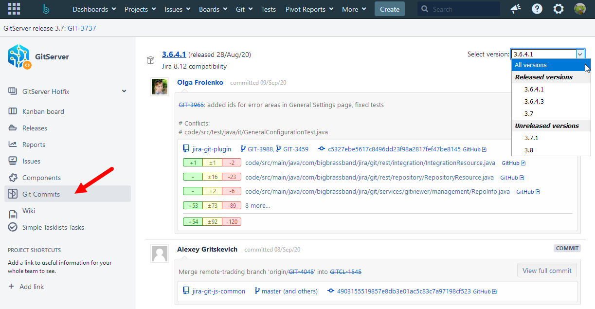 Project tab Git Commits